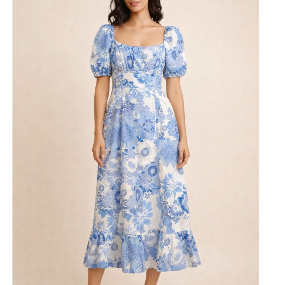 London Times Blue and White Floral Linen Midi Dress